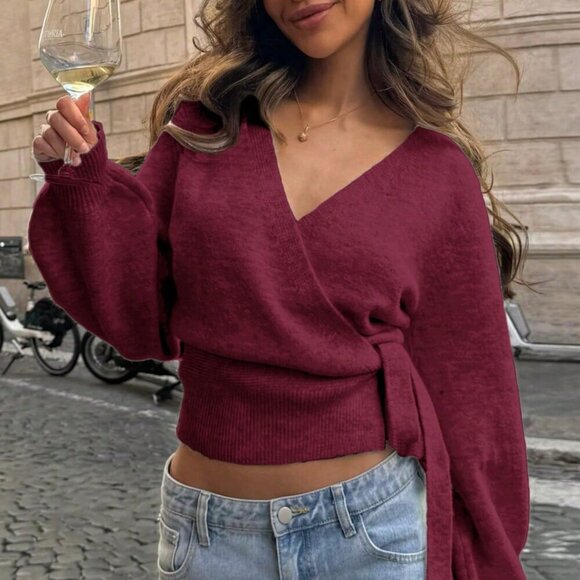 Burgundy Casual Women's Knotted Comfortable & Elegant wrap Cardigan Sweater top - Picture 2 of 4